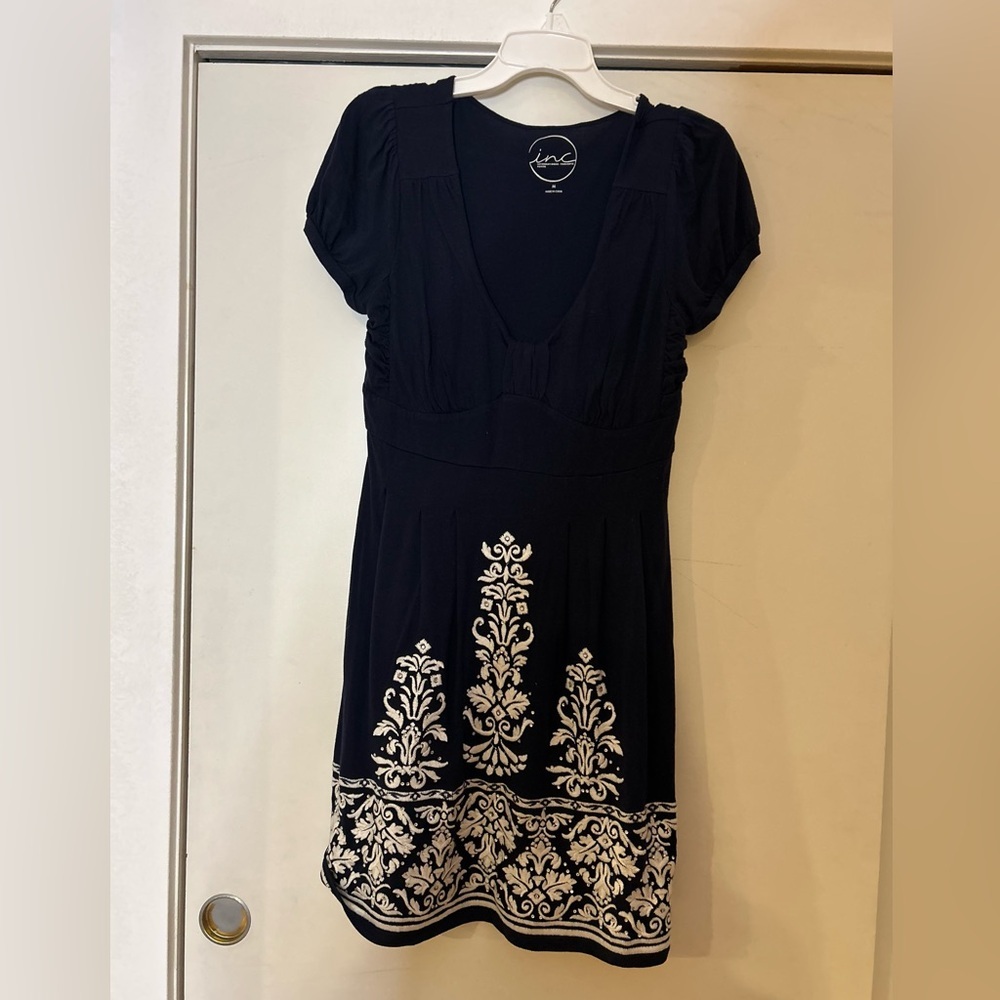 INC International Concepts Navy and White Embroidered Dress